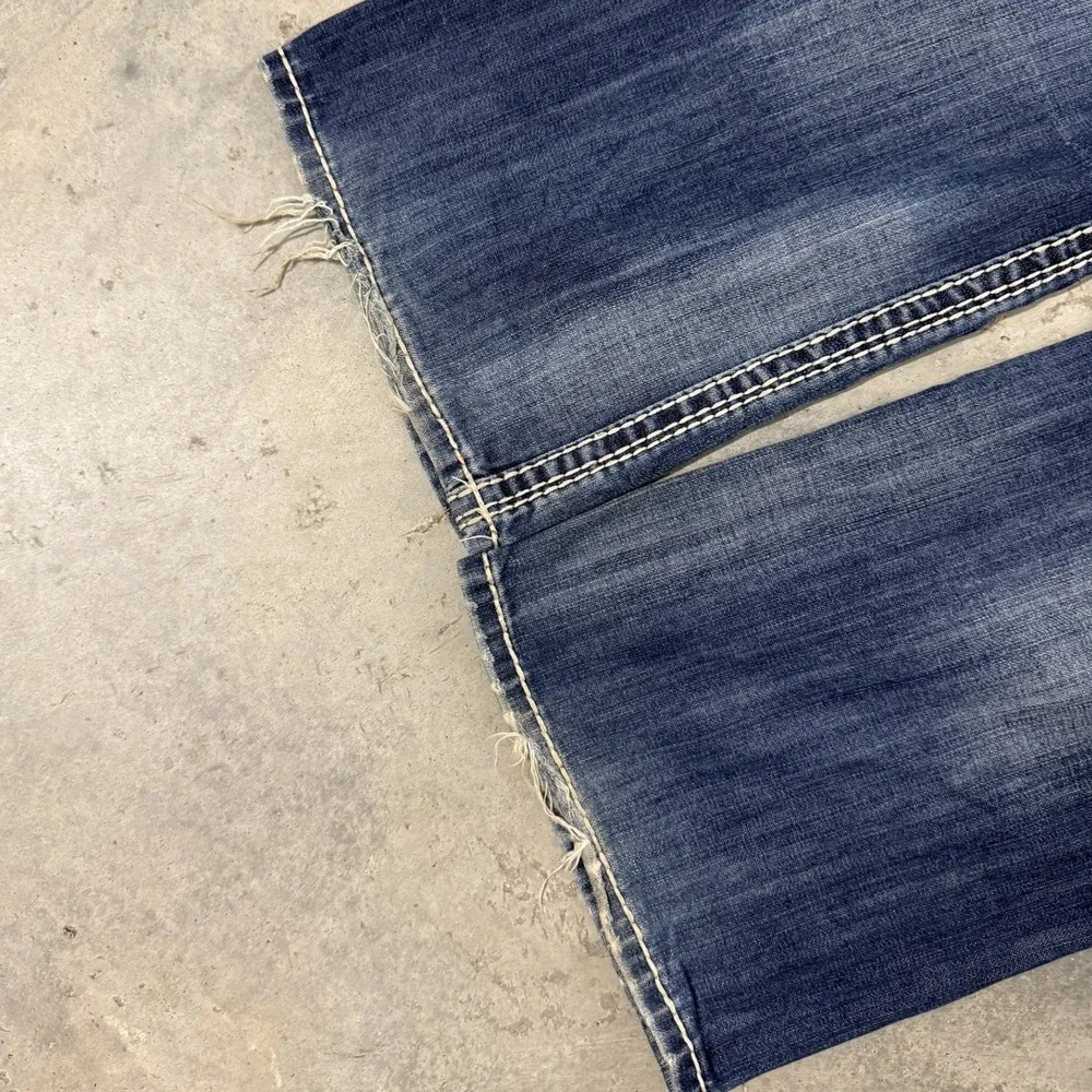 Rock Revival Shane Bootcut Jeans Mens 34 Blue Good Distressed Heavy Stitch